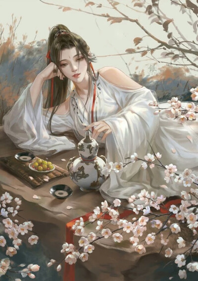 美人醉卧，繁花朵朵