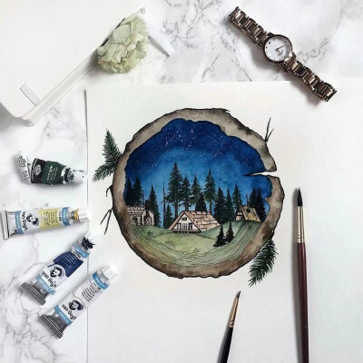 加拿大插画师Rosa作品 圆形 水彩 风景 树林