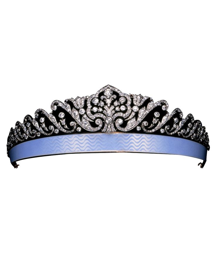 Fabergé Tiara, c.1910, Russia. Platinum and gold tiara with the central motif of floral spray within curvilinear frame flanked on each side by acanthus leaf scrolls diminishing in size toward the extremities, set throughout with diamonds, supported by a bandeau enamelled ‘en guilloché’ in an opalesc