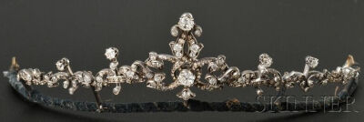 Antique Diamond Convertible Suite, Austro-Hungarian, the central element set with old mine- and rose-cut diamonds, with tiara armature and removable bezel-set rose-cut diamond