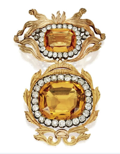 Golden topaz, citrine and diamond brooch, mainly late 18th century. Designed as the middle and upper sections of the Neck Badge of the Austrian Order of the Golden Fleece, set at