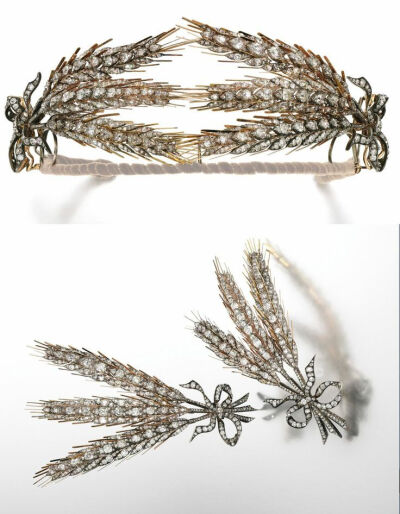 Diamond wheat sheaf tiara, second half of 19th Century. Designed as two wheat sheafs each tied together with a ribbon bow, set throughout with cushion-, pear-shaped, circular-, sin