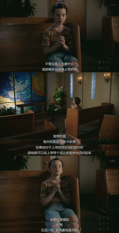 不管这看上去像什么
我那晚并没有向上帝祈祷
我想的是
我向布莱兹帕斯卡祈祷
如果他对于上帝的存在说的是对的
那他就可以给上帝带个话让我爸爸快点好起来
如果他是错的
好吧
这一刻 我需要他是对的
少年谢尔顿