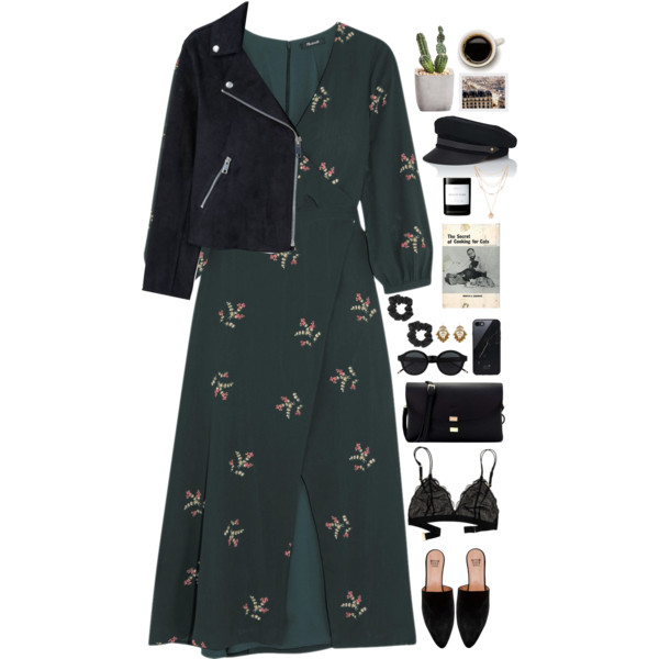 A fashion look from January 2018 featuring floral midi dress, suede jacket and lingerie bra. Browse and shop related looks.