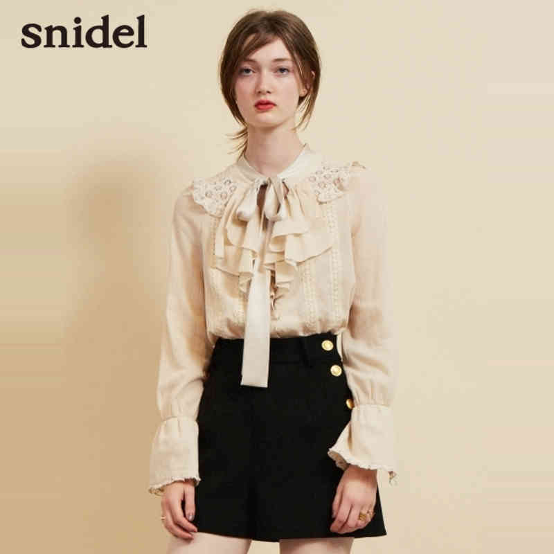 snidel 2017秋冬新品 甜美拼接蕾丝蝴蝶结衬衫