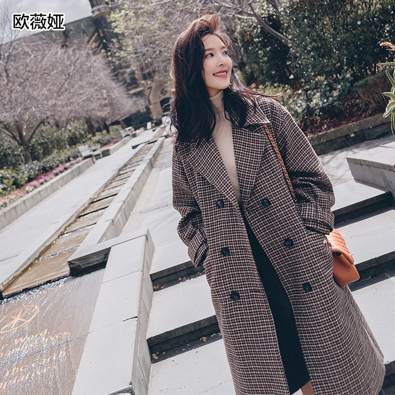 欧薇娅2017冬装韩版时尚学院风格子中长款复古毛呢外套女大衣
