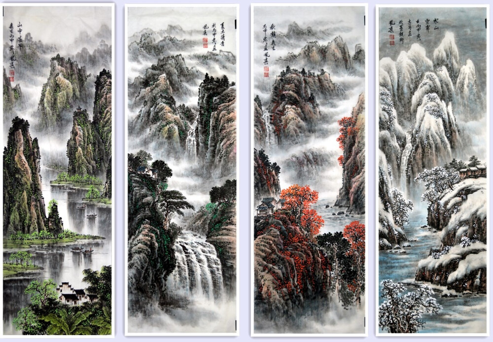 李凤春老师这幅作品，整幅画面构图饱满，太阳映红天空，远山隐约，岩石耸立，小桥流水人家，还有亭子，非常雅致。树木郁郁葱葱，有绿有黄，使画面倍显蓬勃之意。有人挑着担子走过小桥，天空的群鸟正在激情翱翔。画家对大自然的情思，对审美的追求一并融入了他的水墨世界里，将一幅意境神怡、纯朴厚健的山水画展现给我们。推荐收藏。