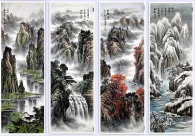 李凤春老师这幅作品，整幅画面构图饱满，太阳映红天空，远山隐约，岩石耸立，小桥流水人家，还有亭子，非常雅致。树木郁郁葱葱，有绿有黄，使画面倍显蓬勃之意。有人挑着担子走过小桥，天空的群鸟正在激情翱翔。画家…