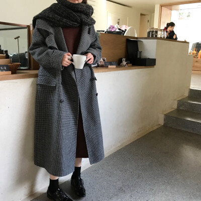 nini 定制 高品质宽松黑灰小格子90d手工双面羊毛大衣长款外套女