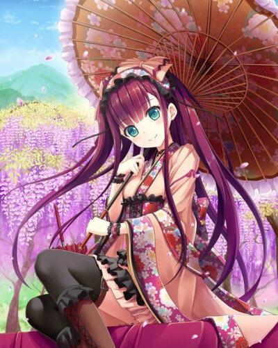 和服 油纸伞 紫藤花