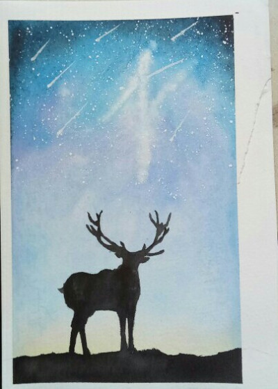 简单水彩，鹿，风景，星空