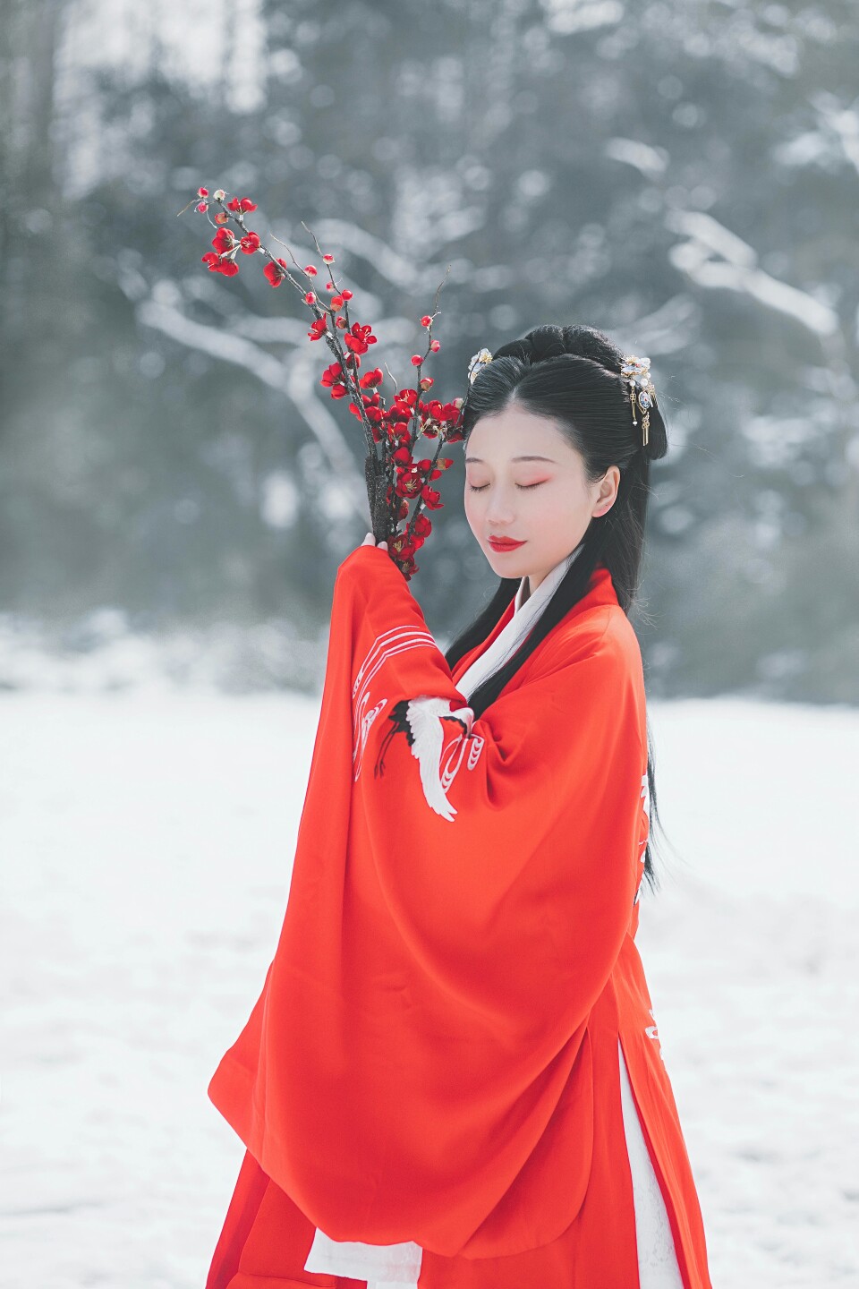 《琴雪吟》
红梅映朱颜
藏在瑞雪前
纤手执素伞
廊桥扶阑槛
【古风写真】摄影：米若_Minnow