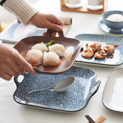 朴家杂货日式和风复古陶瓷盘子双耳提手烤盘釉下彩菜盘早餐盘碟子