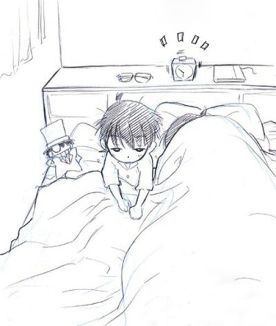 柯南：你这个大懒虫，每次都要比我晚起半个小时。
我要迟到啦~可恶~