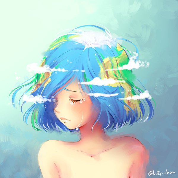 Anime picture 1200x1200 with
original
earth-chan
luty chan
single
short hair
simple background
bare shoulders
blue hair
cloud (clouds)
eyes closed
signed
upper body
tears
multicolored hair
turning
twitter username
girl