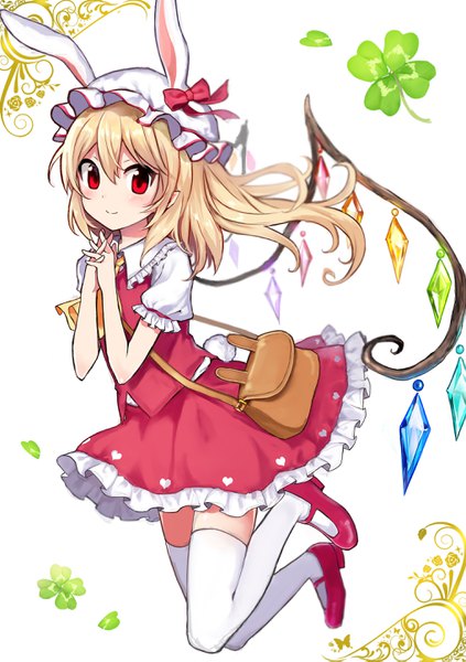 Anime picture 2039x2894 with
touhou
flandre scarlet
yada (xxxadaman)
long hair
single
tall image
blush
looking at viewer
highres
blonde hair
red eyes
fringe
smile
white background
animal ears
hair between eyes
tail
animal tail
full body
zettai ryouiki