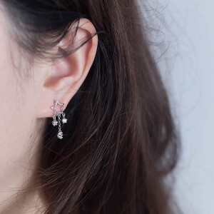 EASY CHIC 925纯银五角星流苏耳钉  锆石简约日韩耳饰 镂空潮人女