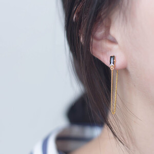 EASY CHIC巴黎法式女王范耳线 黑色方形水晶链条耳钉简约优雅耳饰