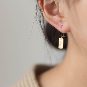 EASY CHIC手工定制简洁大牌感方形吊牌耳环女美国14k包金耳饰超美