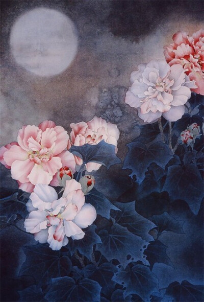 古风花朵免抠，png素材，复古，梅花，牡丹，月亮，水墨背景，国画，插画，图网侵删