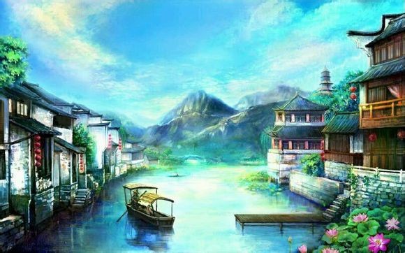 古风素材，中国风复古，背景，山水，亭台楼阁，江南，泼墨，唯美浪漫插画，摄影，图网侵删