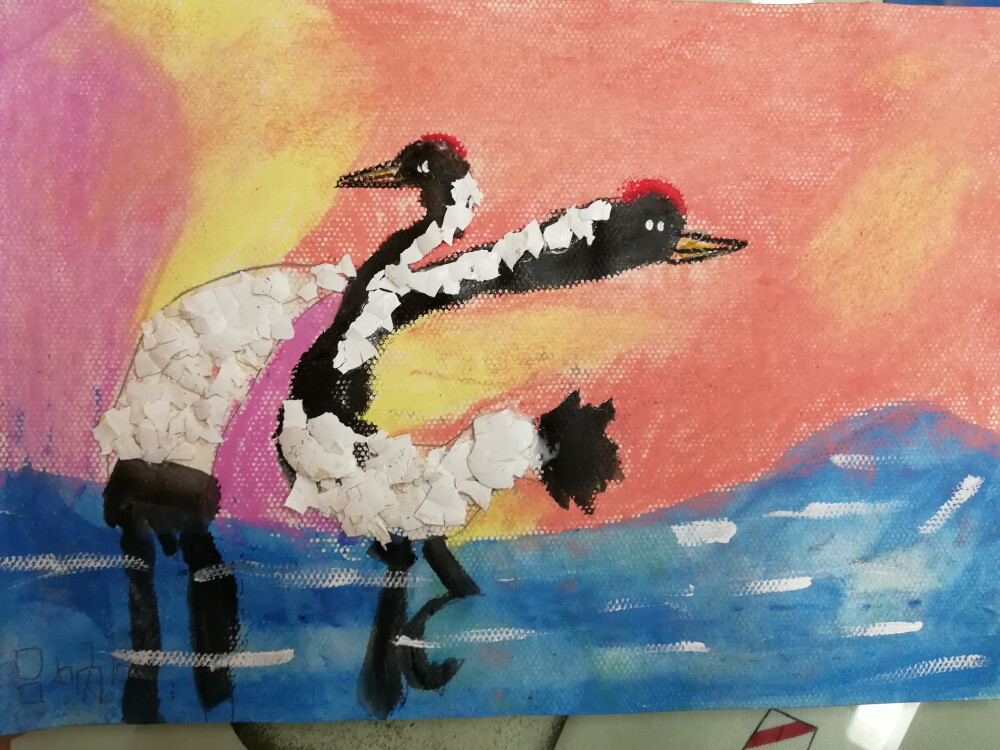 儿童画色粉笔蛋壳丹顶鹤