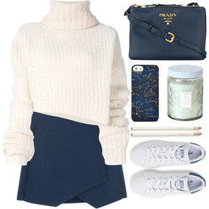A fashion look from February 2018 featuring white top, blue skirt and adidas sneakers. Browse and shop related looks.