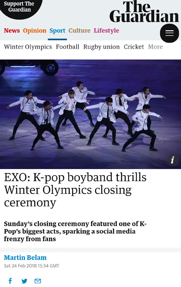 #和exo一起走奖杯路##EXO# 180226 SMTOWN 官推更新 外媒报道EXO performs at the closing of Pyeongchang2018 Olympics !The Guardian: O网页链接ABC: O网页链接The New York Times: O网页链接Forbes: O网页链接billboard: O网页链接#Olympics_EXO#iHeartAwards #BestFanArmy #EXOL@weareoneEXO收起全文d