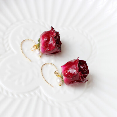 石头的日记天然玫瑰 永生花 美产14K包金 珍珠 耳环 红