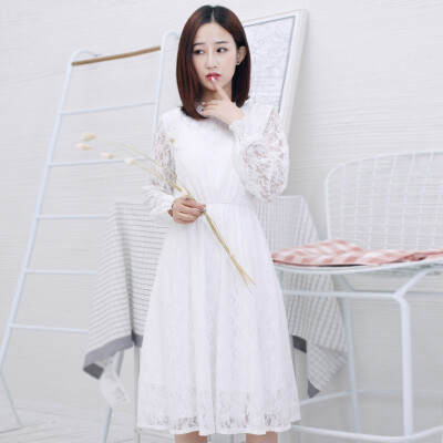 蕾丝连衣裙2018春韩版中长款小个子收腰显瘦白色内搭打底裙仙