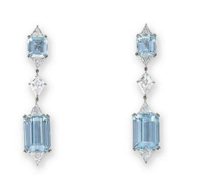 a pair of aquamarine and diamond ear pendants,by harry winston