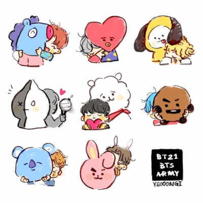 BT21
Van Koya RJ Shooky Mang Chimmy TATA Cooky