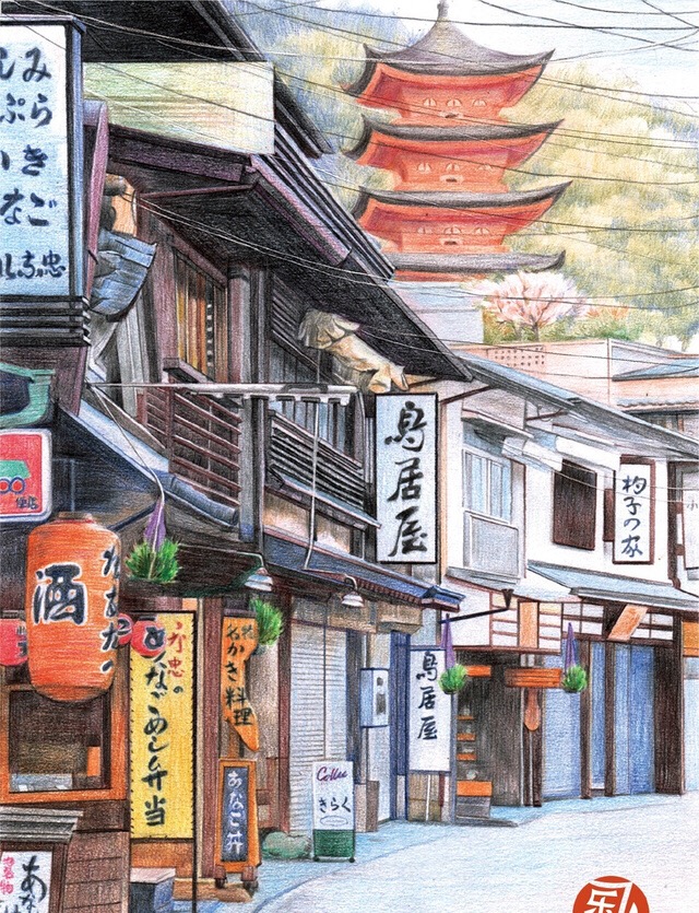 彩铅画日本建筑风景画图片