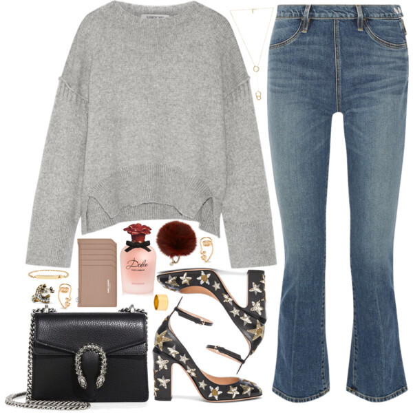 A fashion look from November 2016 featuring grey sweater, blue jeans and valentino shoes. Browse and shop related looks.