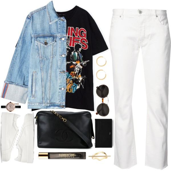 A fashion look from August 2017 featuring short sleeve tops, oversized denim jackets and white jeans. Browse and shop related looks.