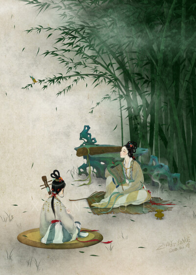 【古风美人】＃浮生、半日＃#竹下听琴#+作者：御茶菓子