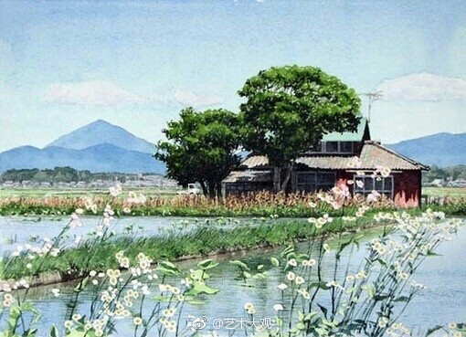 日本画家田中己永乡野风景水彩画