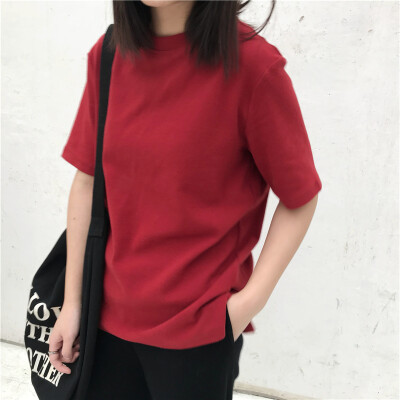 NizonDays韩版2018早春复古红磨毛加厚圆领短袖T恤学生打底衫