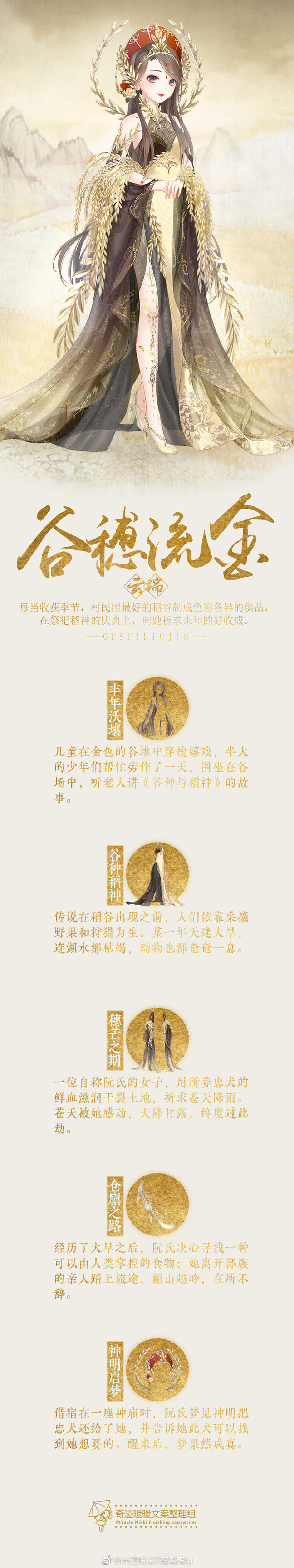 【云端帝国·谷穗流金】每当收获季节，村民用最好的稻谷制成色彩各异的供品，在祭祀稻神的庆典上，向她祈求来年的好收成。#奇迹暖暖# #奇迹暖暖文案# 多么朴实无华的稻谷精啊 ​​​​