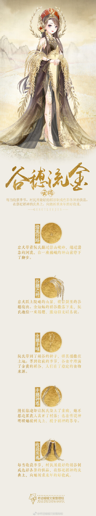 【云端帝国·谷穗流金】每当收获季节，村民用最好的稻谷制成色彩各异的供品，在祭祀稻神的庆典上，向她祈求来年的好收成。#奇迹暖暖# #奇迹暖暖文案# 多么朴实无华的稻谷精啊 ​​​​