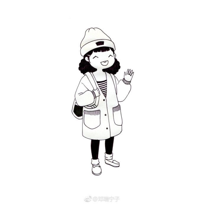 手绘女生，简笔画，黑白线条