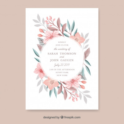 Wedding invitation with hand drawn flowers Free Vector