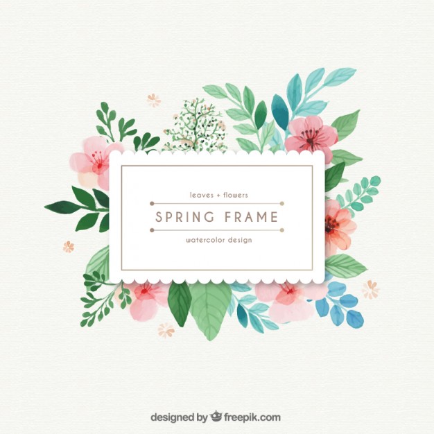 Watercolor spring frame with leaves and flowers Free Vector