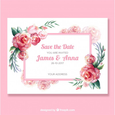 Cute wedding invitation with watercolor roses Free Vector