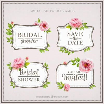 Pack of four watercolor bridal shower with flowers Free Vector