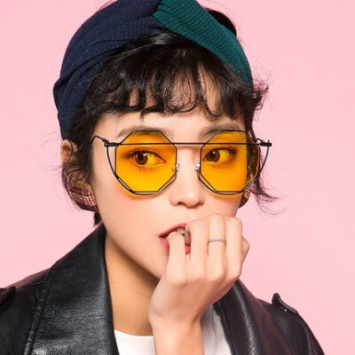 MIGO欧美六边形彩膜太阳镜女2018新款原宿情侣街拍凹造型黄色墨镜