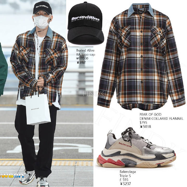 #EXO#
180315 仁川机场出发
伯贤 衬衫 Fear of God，鞋 Balenciaga，帽子 Buried Alive