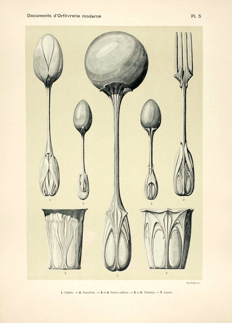 19世纪末新艺术运动巨匠Paul Follot设计的餐具和生活用品。从他的设计中能很明显的看出新艺术风格的痕迹，和之前的巴洛克，洛可可风格的餐具有很大不同。新艺术风格倡导自然风格，强调自然中不存在直线和平面，装饰上突出表现曲线和有机形态。 ​​​