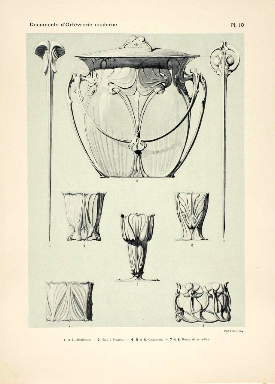 19世纪末新艺术运动巨匠Paul Follot设计的餐具和生活用品。从他的设计中能很明显的看出新艺术风格的痕迹，和之前的巴洛克，洛可可风格的餐具有很大不同。新艺术风格倡导自然风格，强调自然中不存在直线和平面，装饰上突出表现曲线和有机形态。 ​​​