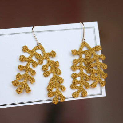 竹叶 | 原创 手工艺术编织植物叶子姜黄色耳环 棉线耳饰